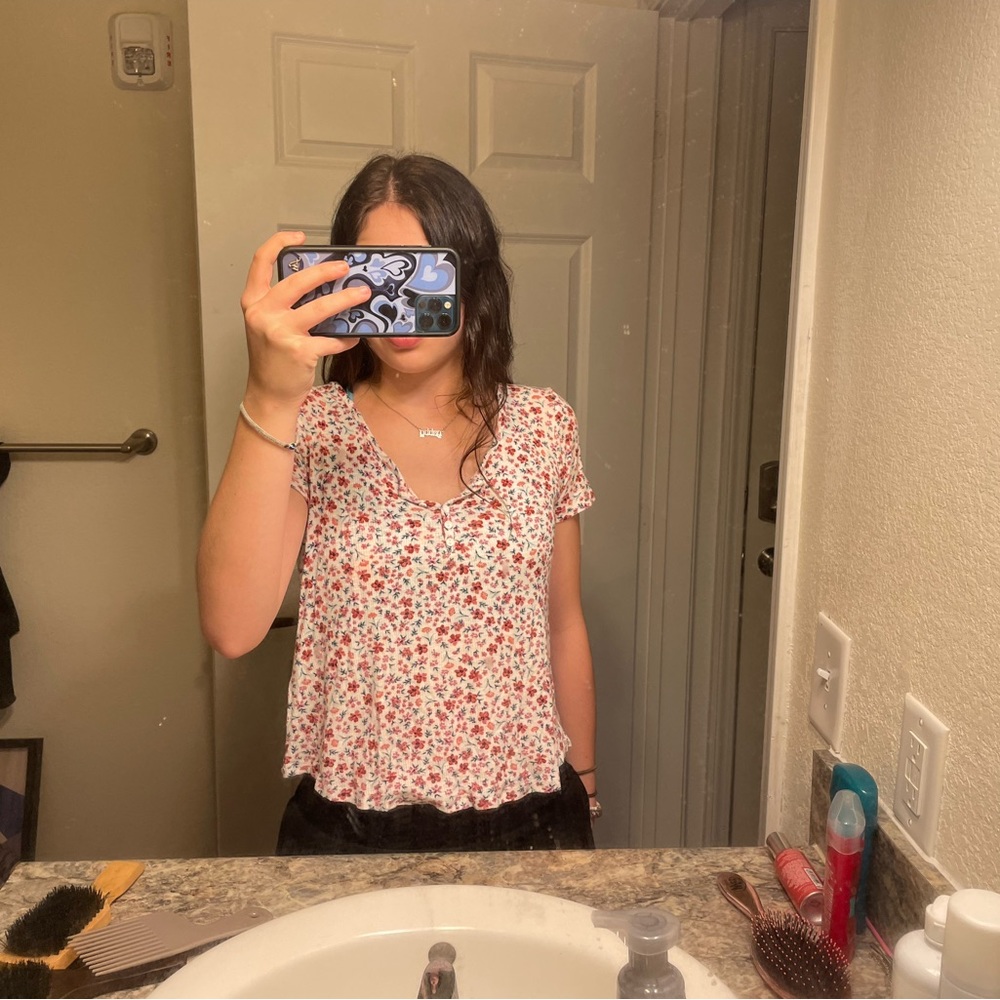 Floral T shirt Button Blouse. Hippie Rose